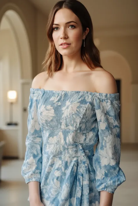 best quality, highres, 8k, masterpiece, photography, detailed midbody photorealistic portrait. Mandy Moore embodies a winter fairy tale in an ice blue chiffon babydoll with intricate silver embroidery, flowing sheer cape sleeves, and a high-slit skirt that...