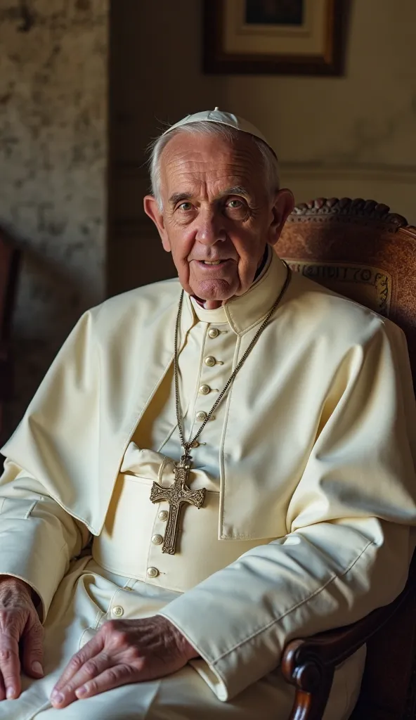 an elderly man in his late 80s, pope francis, wearing traditional white papal robes, sitting in a humble papal residence in Vatican City. The room is sparsely decorated, with plain furniture and minimal personal belongings. The lighting is soft and warm, c...