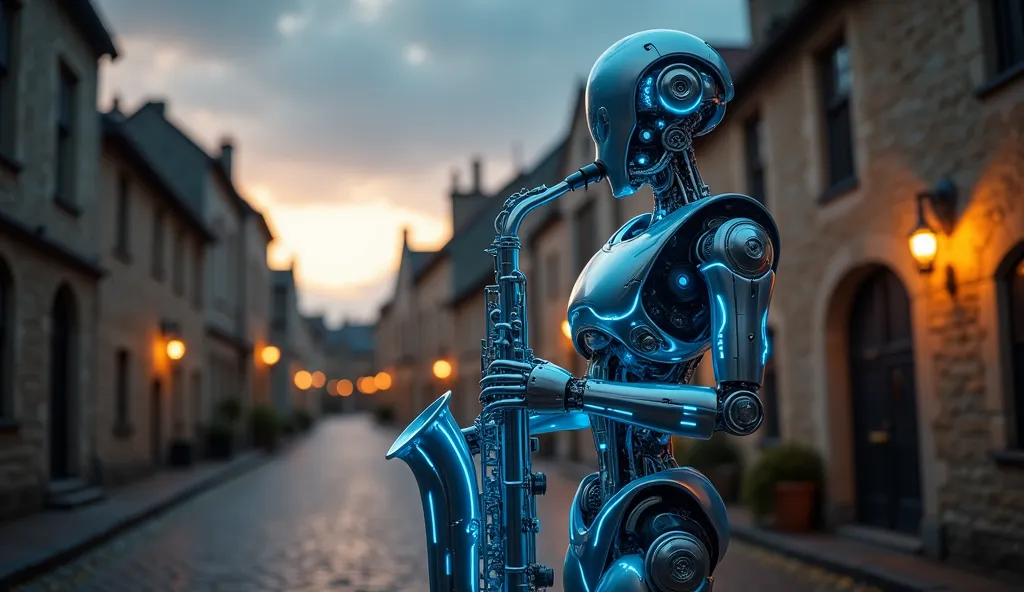 A full-body robot with blue neon lights playing saxophone in 15th-century England at nightfall, great lighting. Realistic, cinematic, 4K.