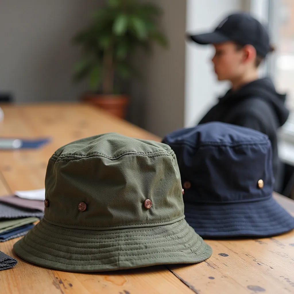 A creative bucket hat brim designed to be reversible, displayed on a wooden table with fabric samples. One side is deep army green, while the other is dark navy blue. The brim is detachable, with stylish snap buttons allowing it to be worn with different c...