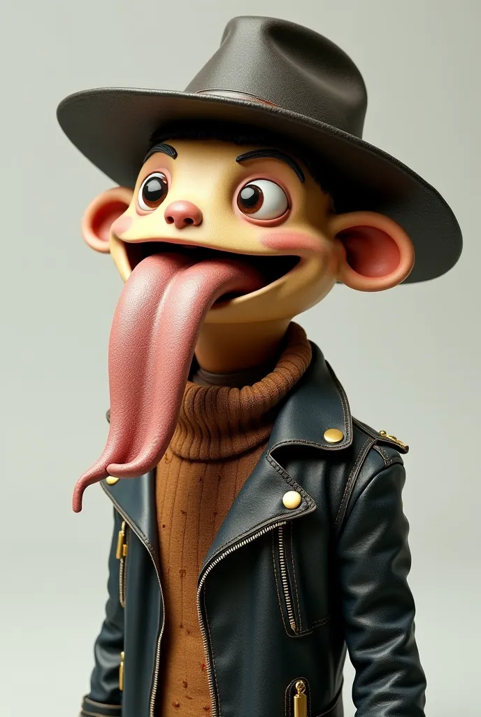 It generates a character like this but instead of the mouth of the hat I want a tongue made of cloth while the clothes put on a leather jacket