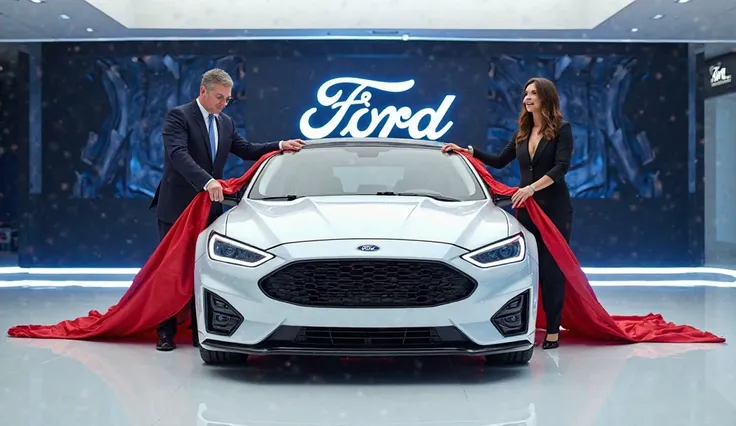 A captivating image of a (2025)(ford falcon)center stage in a luxurious white showroom. The futuristic, vibrant (white) exterior gleams, showcasing its sleek, aerodynamic design and bold accents. The words (ford ) are prominently displayed in large, metall...