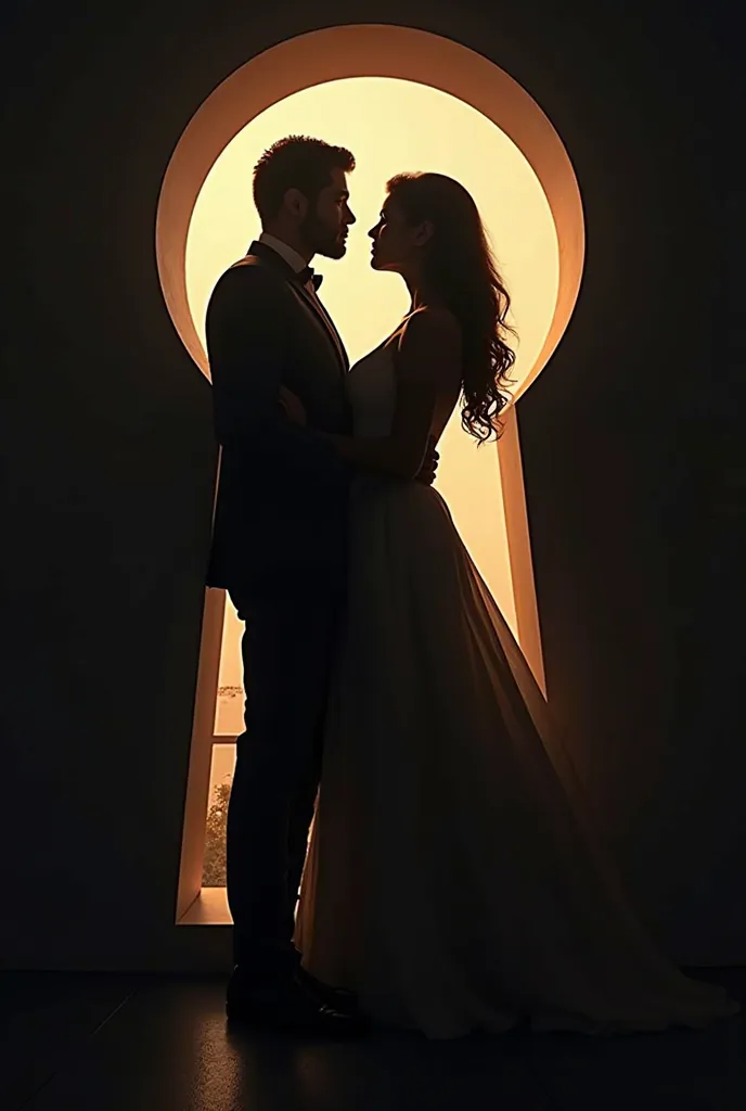 Keyhole as a frame for a couple's silhouette, both strong and sexy, But only their silhouette