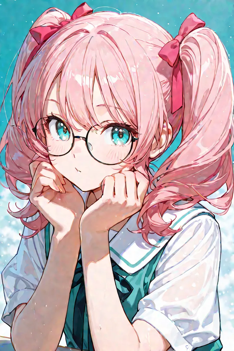 Pink hair in pigtails, glasses, teal eyes