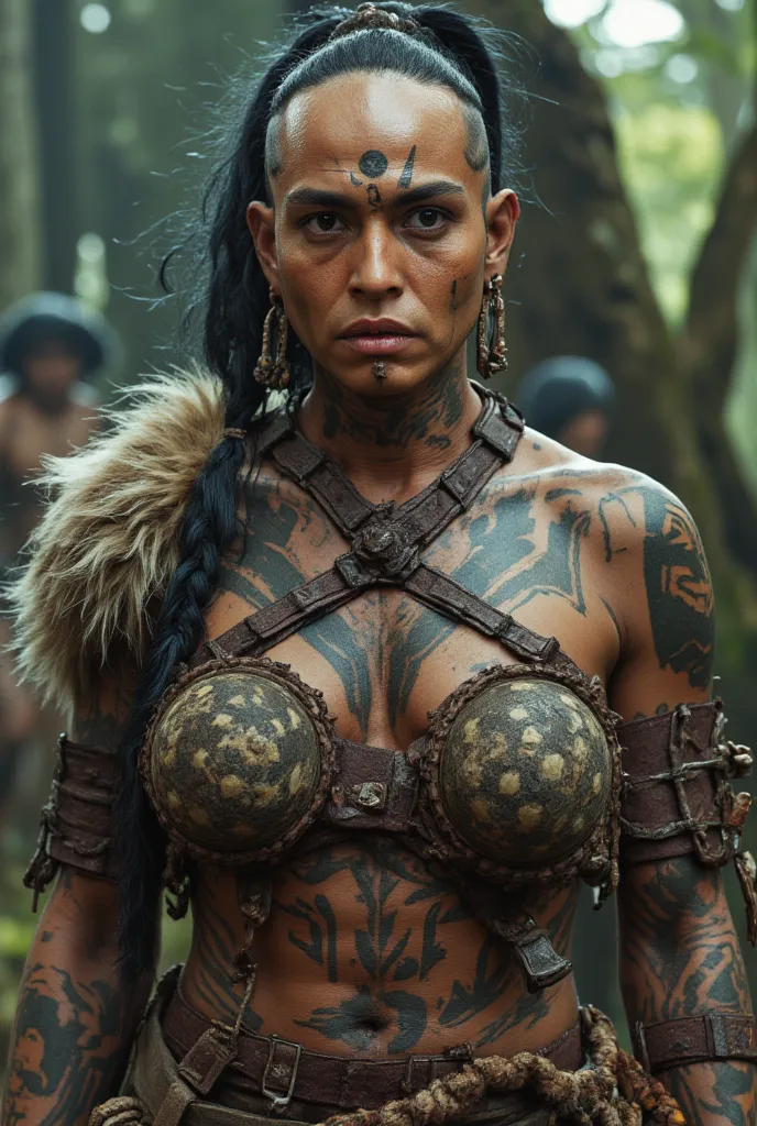   a Native American woman   , allure effrayante, armure en fourrure de bizon, ((    topless    )),      big chest   ,    Avec des cheveux rasés à l'exception d'une queue de cheval noire tressée,     pronounced black makeup    ,     fully tattooed body    ,...