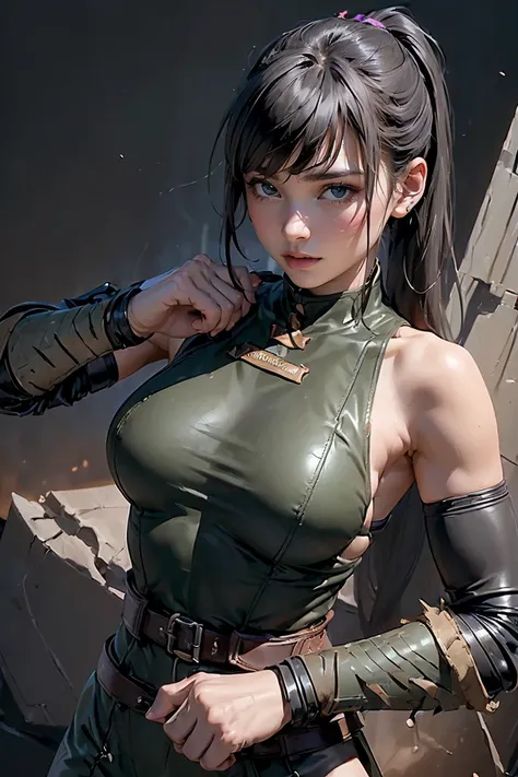 ((29-year-old female mercenary 、  black hair、ponytails for beautiful people:1.3、 dark blue eyes that grab an erection、toned, muscular body、Black and purple outfit、(Wearing durable leather armor:1.5、Shoulder and Chest 、Metal reinforcement on knees)、 throws ...