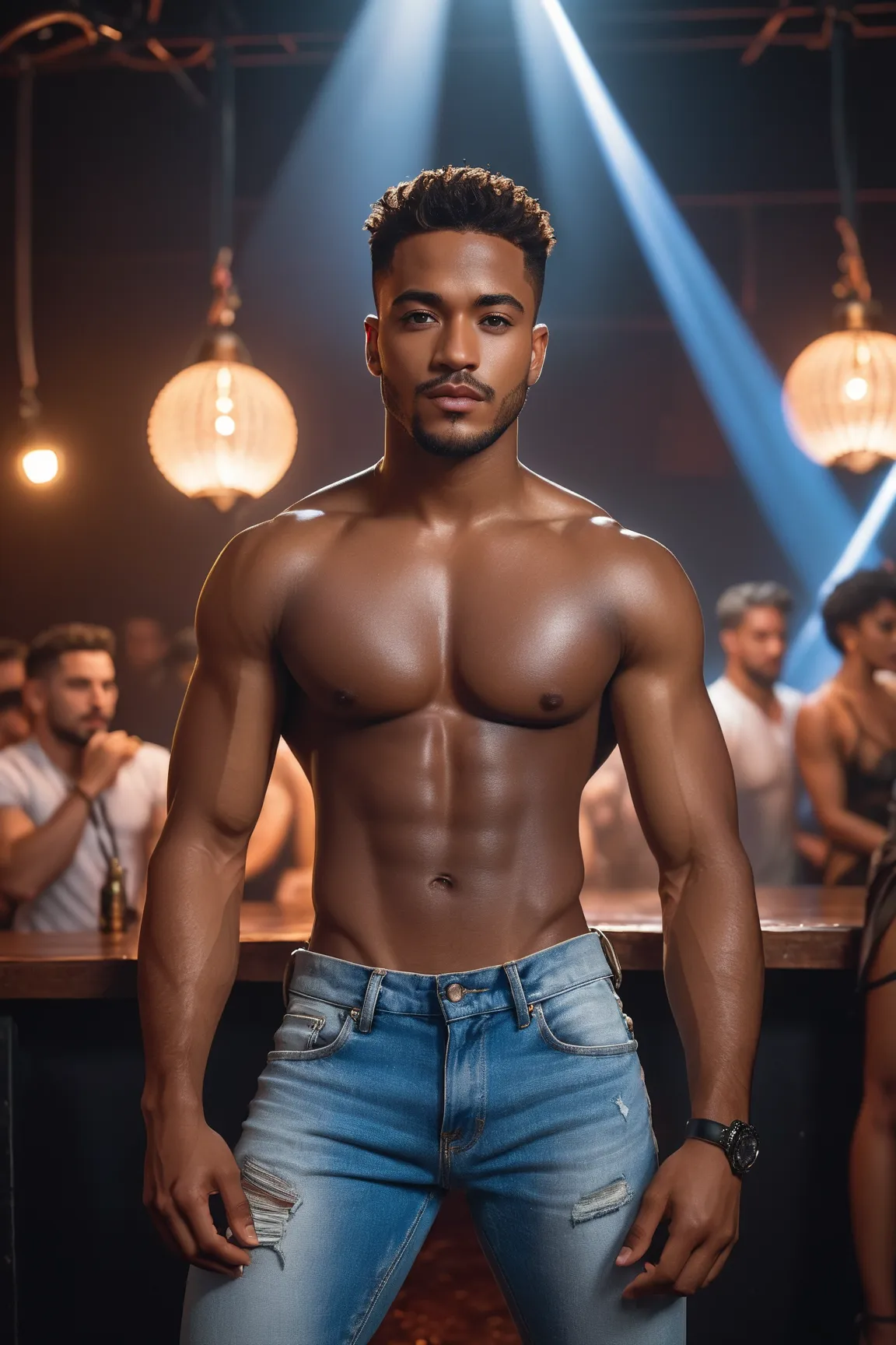 Full body shot, 1 man,s,  Young man, perfect face, beautiful,  slim body, but in highly detailed, Instagram Template, (slavery,shoulder strap, roupa de slavery), apoie-se na barra, at the nightclub, lights , close-up, dynamic pose, arms behind the head,  s...