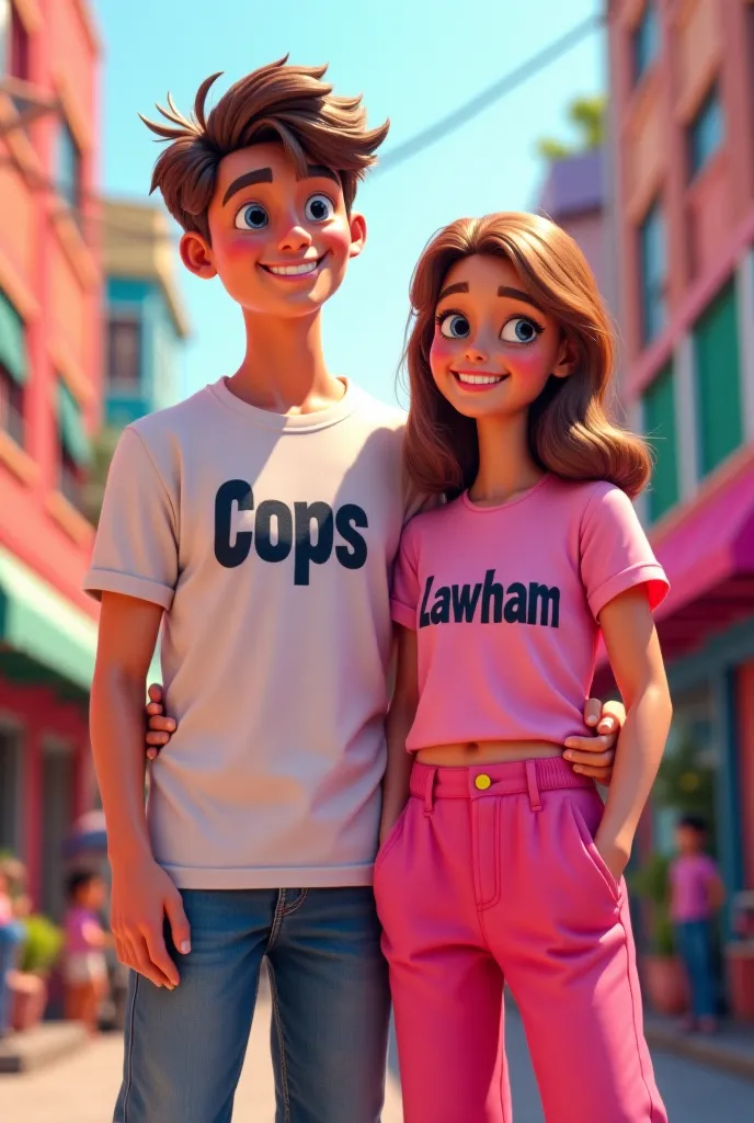 A couple that a boy wear t- shirt written cops and girl wear pink clothes written lawham
