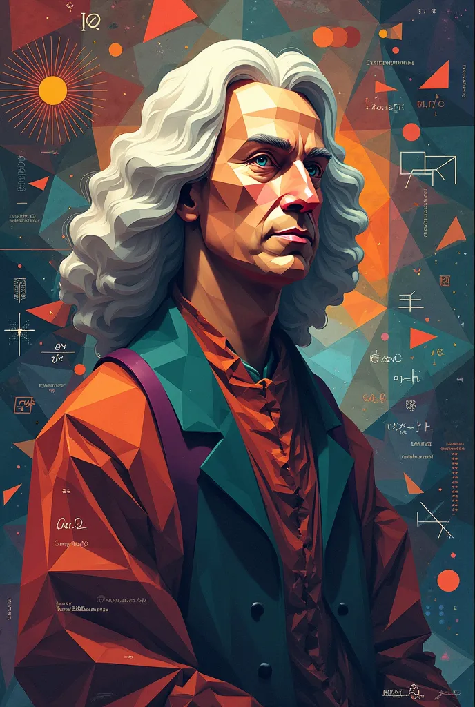 I want a photo of Isaac Newton in the form of an animation with geometric shapes and the background with mathematical themes