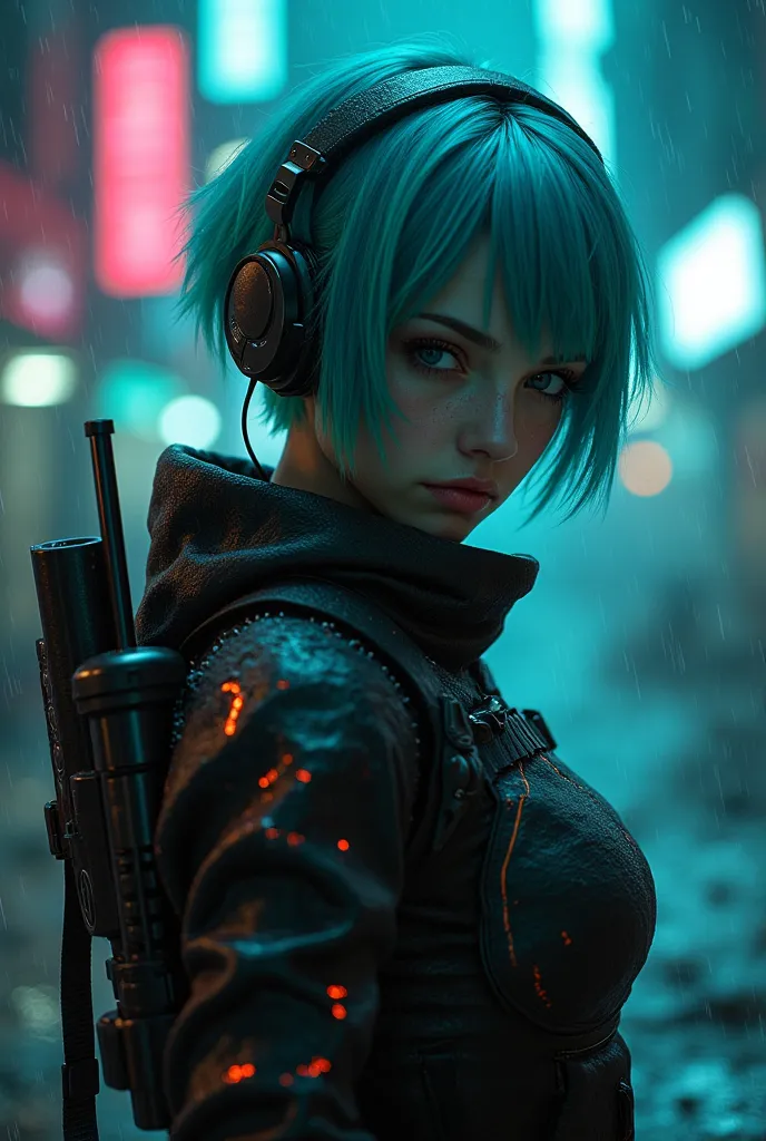 Prompt: realistic cinematic cyberpunk sniper girl, inspired by Sinon from Sword Art Online, short turquoise hair, intense gaze, tactical cyber armor, neon accents, gloves, visor headset, destroyed futuristic city, neon lights, night rain, moody atmosphere,...