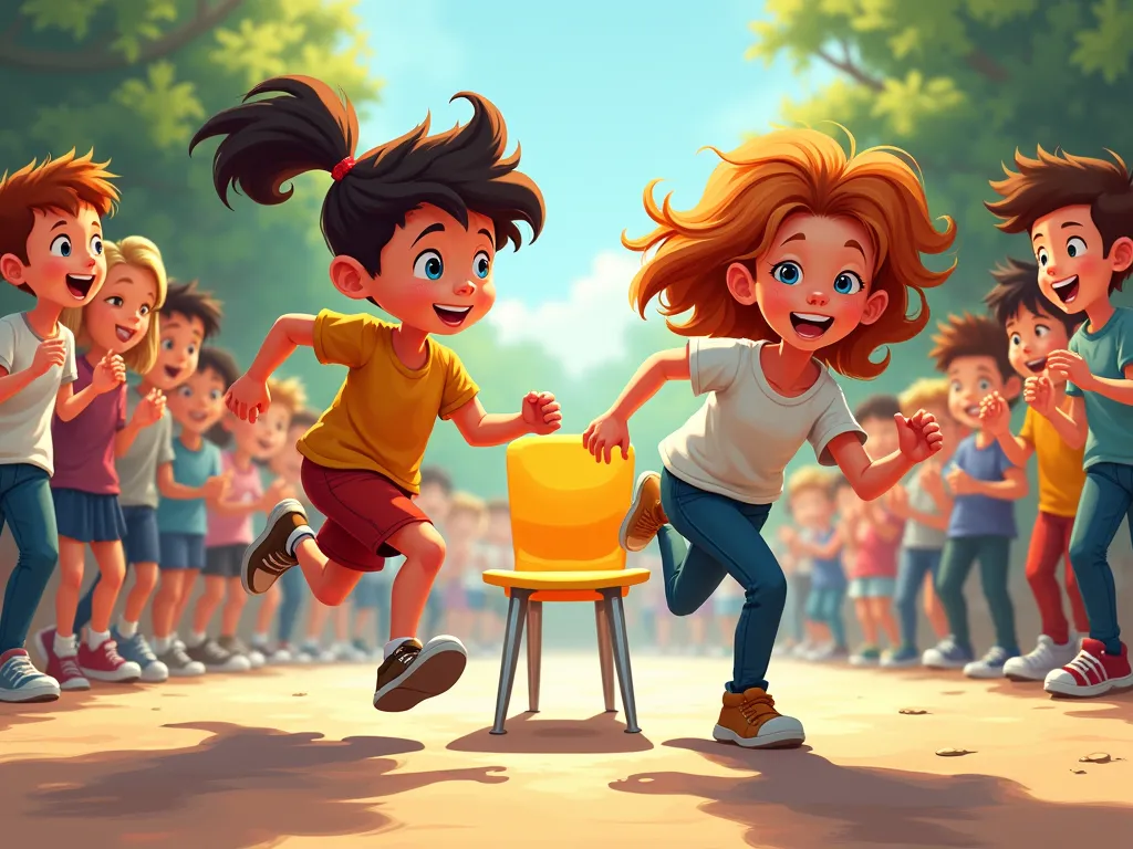 Illustrate the game of Mexican chairs with only one chair left and two ren, a boy and a girl run to sit on it. The other ren are cheering and clapping on the background.