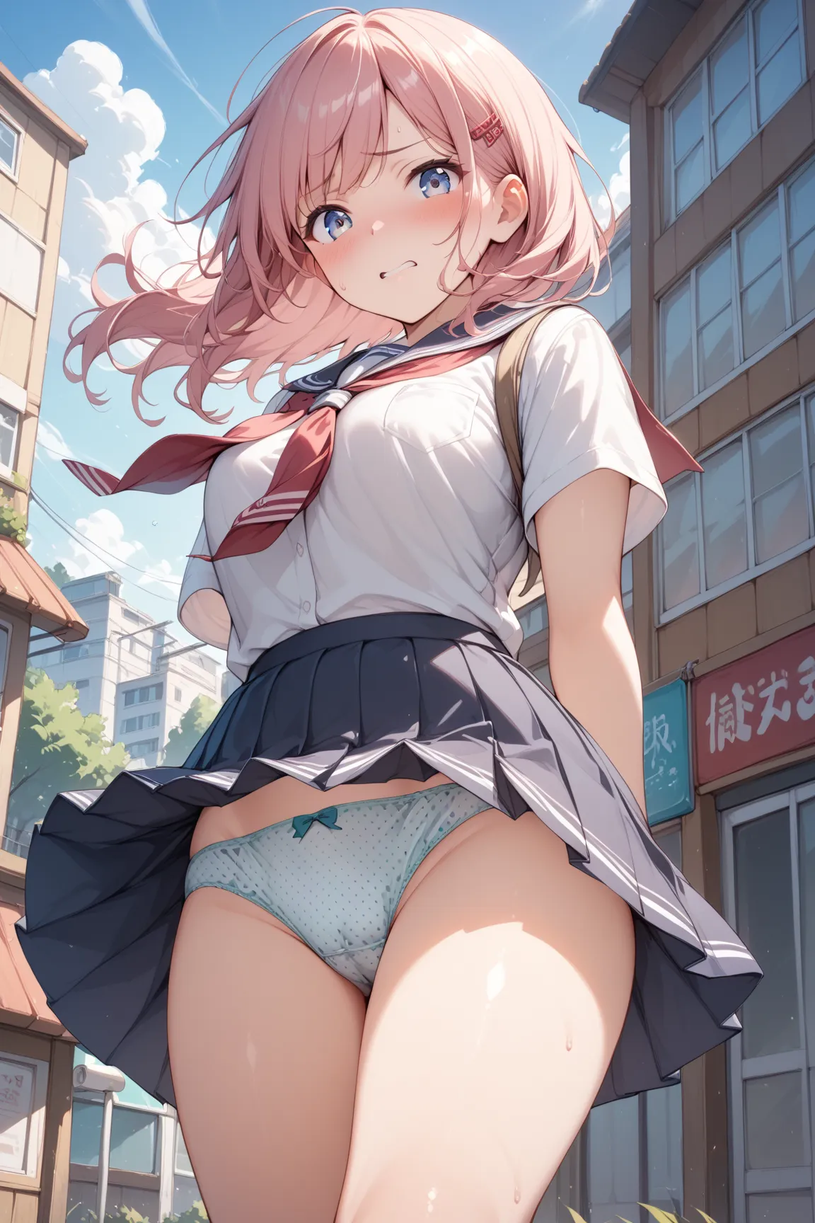 ( Ultra High Quality) polka dot panties、high school girl、uniform、wind、Skirt Flip、blush、embarrassed expression、low angle、Around town、