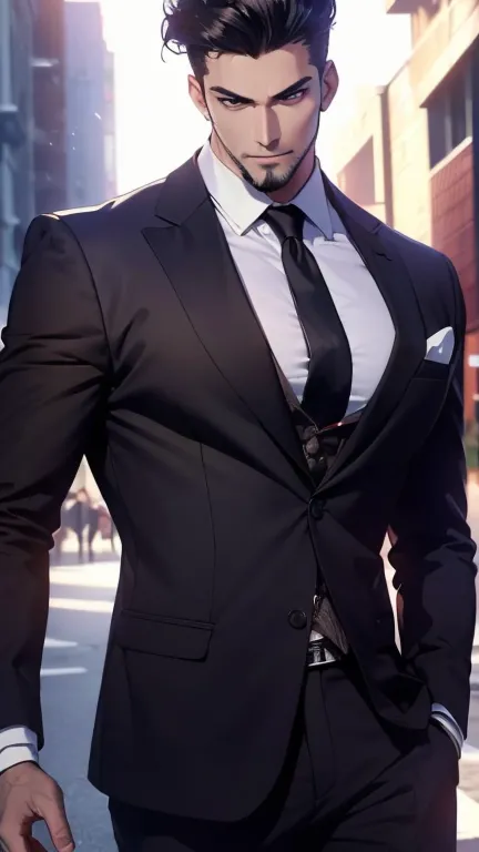 (best quality,4K,8k,highres,masterpiece:1.2),breasts,(Realistic,photoRealistic,photo-Realistic:1.37), 30-year-old male,3 day beard,Cute anime ,Portraits,strong,masculine, dark hair,sharp jaw, mesmerizing eyes , perfectly styled hair, cool anime outfit,conf...