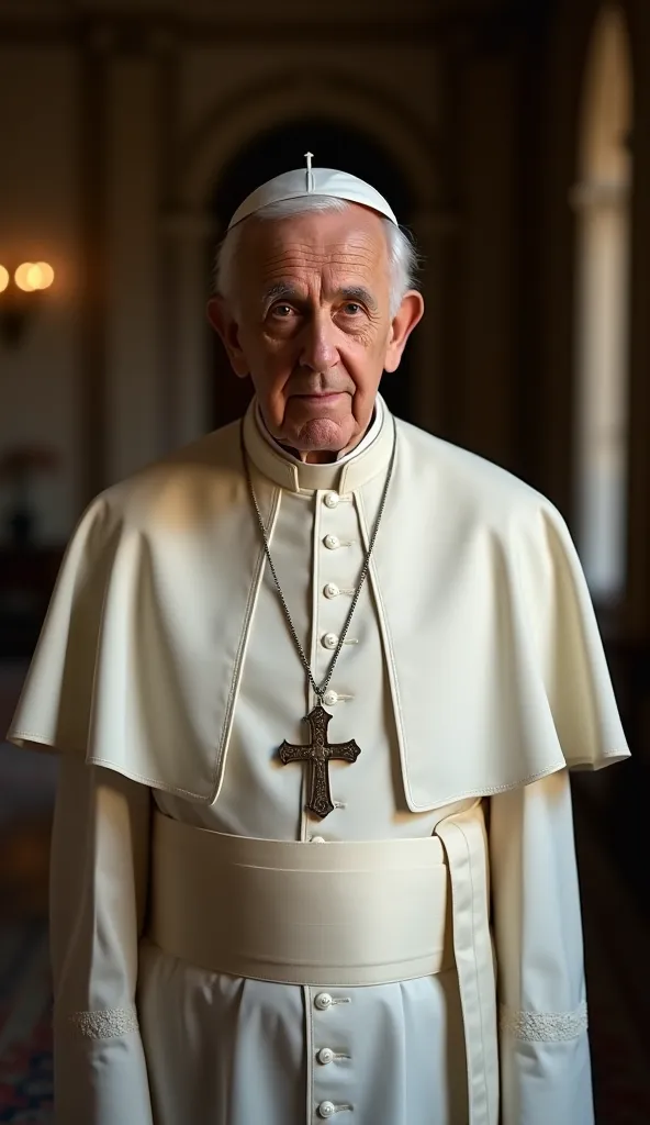 an elderly man in his late 80s, pope francis, wearing traditional white papal robes, standing in a humble papal residence in Vatican City. His frail build and white hair are illuminated by soft, warm lighting, creating a peaceful and contemplative atmosphe...