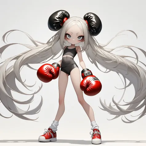 1 girl, is unique,Big eyes,, exquisite facial lines , dark eyeshadow ,set,Silver hair, thin waist, Extra Long Legs ,stand,Stand upright,socks,Shoes,boxing gloves, white background