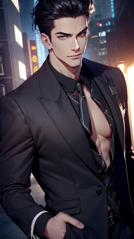 (best quality,4K,8k,highres,masterpiece:1.2),breasts,(Realistic,photoRealistic,photo-Realistic:1.37), 30-year-old male,3 day beard,Cute anime ,Portraits,strong,masculine, dark hair,sharp jaw, mesmerizing eyes , perfectly styled hair, cool anime outfit,conf...