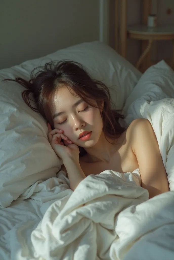 A girl sleeping on bed without clothes 