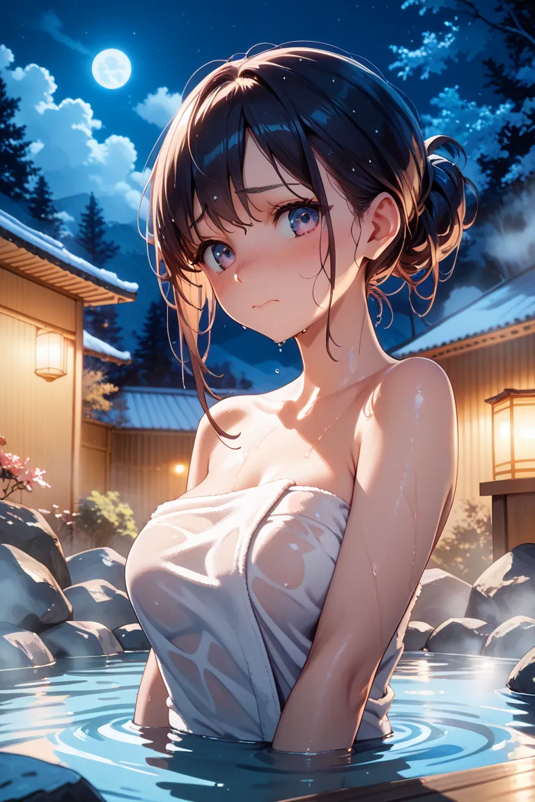 1girl, anime style, onsen, hot spring, steam, wet hair, towel slipping, embarrassed expression, blushing, night scene, moonlight, detailed water, skin reflections