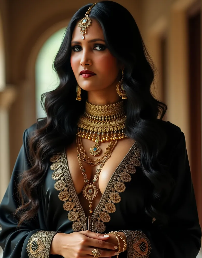  A stunning Indian curvy body bhabhi 36A size (black satin salwar, kameez with golden work on it), showing curvy figure, no midriff show,no navel show, hard nipples, heavy jewelry, including a grand Kasu Mala (coin necklace), an extravagant Lakshmi Haar (l...