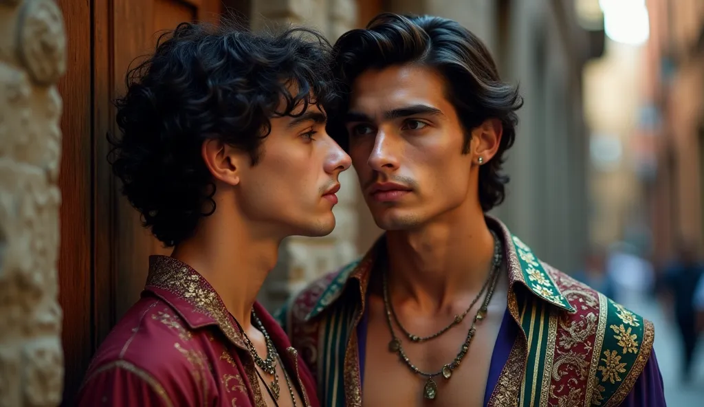 2 very beautiful super cute sexy italian guys gay lovers,  age 19 with wavy dark hair, open shirt, burgundy indigo, gold, intricate, sultans harem, dream guy, adornments, very beautiful pin up guy, he stands against a wall and looks off camera with another...