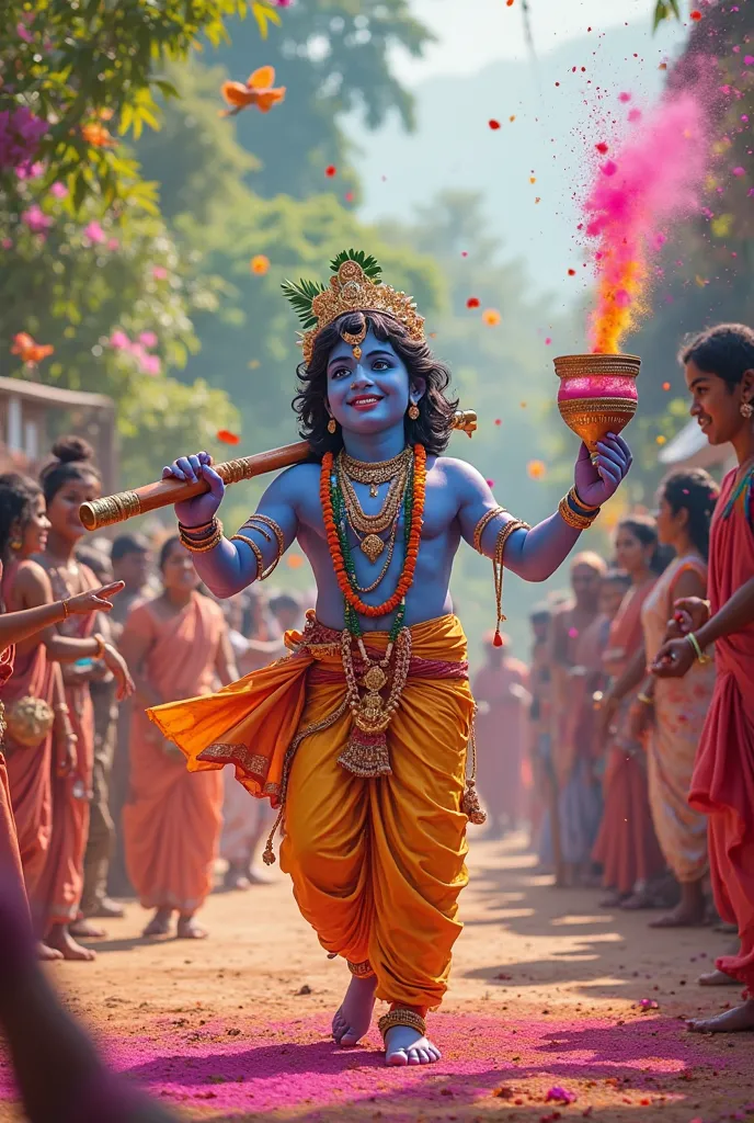 A vibrant scene of Lord Krishna joyfully playing Holi in Vrindavan. He is surrounded by Gopis and friends, throwing colorful powders in the air. Krishna, with a playful smile, holds a pichkari (water sprayer) filled with bright colors. The background shows...