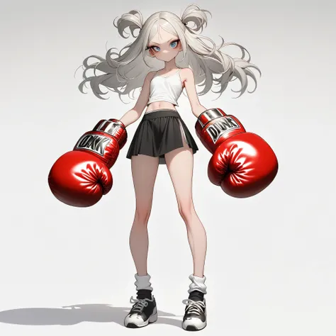 1 girl, is unique,Big eyes,, exquisite facial lines , dark eyeshadow ,set,Silver hair, thin waist, Extra Long Legs ,stand,Stand upright,socks,Shoes,boxing gloves, white background