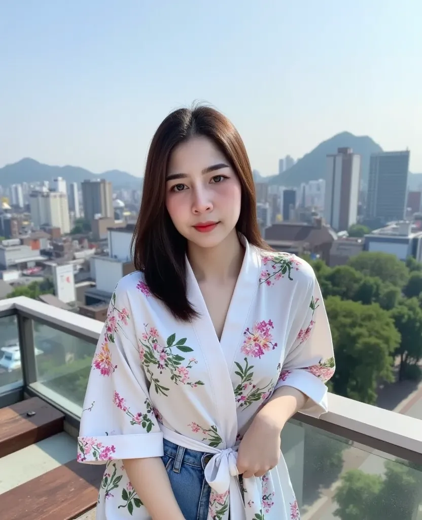 An Asian girl wearing a white floral robe and jeans posed on a building deck overlooking Seoul, South Korea.. The striking sunshine made her stand out.. (  natural light, Morning light). face detail, Deep focus.  4K masterpiece details  ,  clear focus , Na...