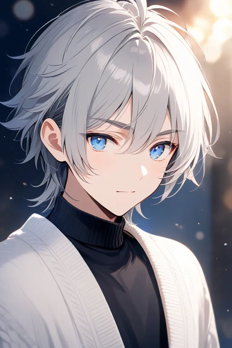 Boy with gray hair, blue eyes, eyebrows, white knit