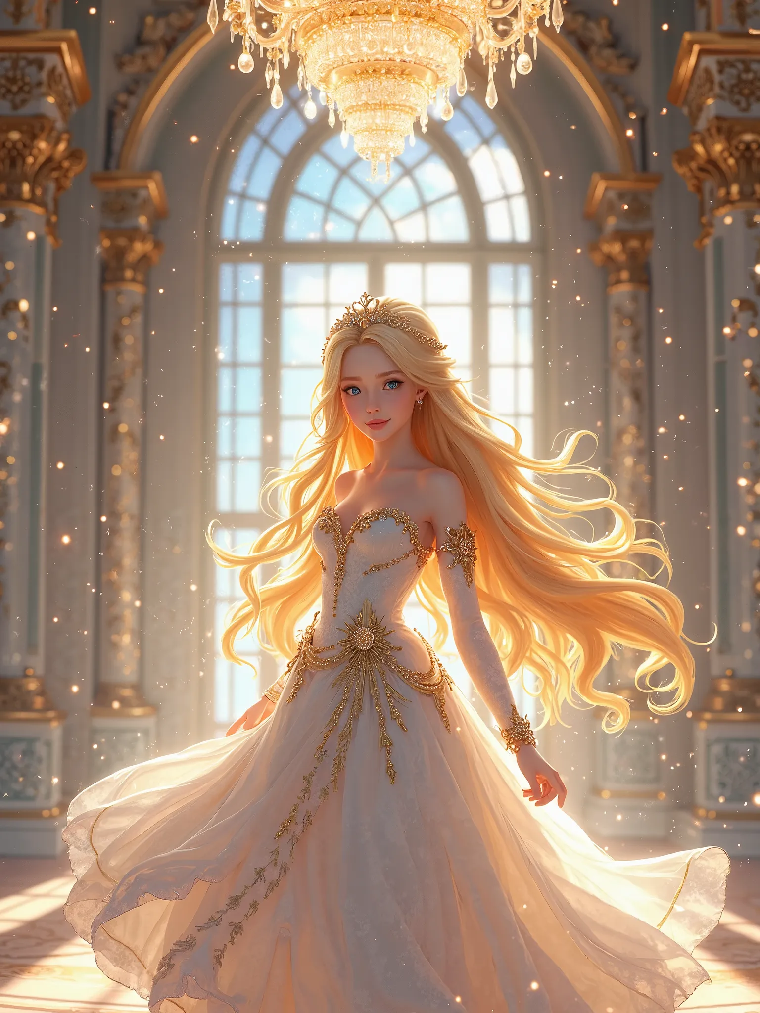 1. classic princess "A breathtakingly beautiful anime princess with flowing golden hair, wearing an elegant white and gold gown. Her deep blue eyes sparkle with grace as she stands in a grand ballroom, illuminated by a magnificent chandelier."