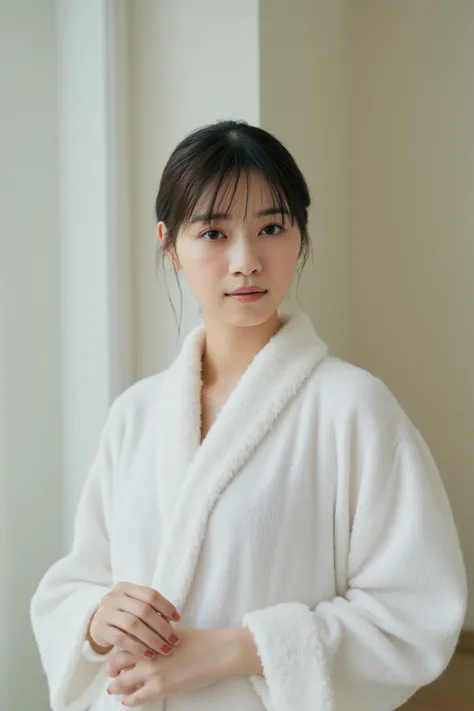 A Japanese woman standing in a hotel room in a bathrobe.