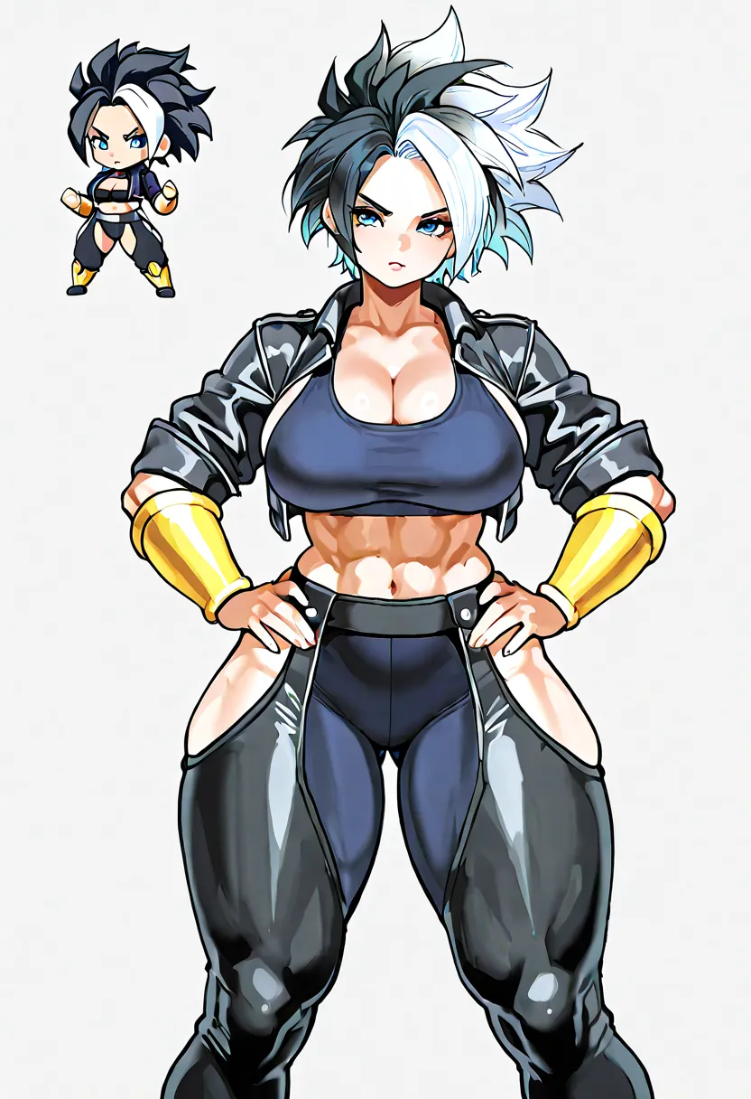 Character fusion: Angel from KoF fused with base form Kefla. Toned body, multiclored hair,  gradient hair,  black hair, white hair, white bangs, cropped jacket, sports bra, chaps over leggings. Cleavage, posturing, showing off, confident and flirty. Large ...