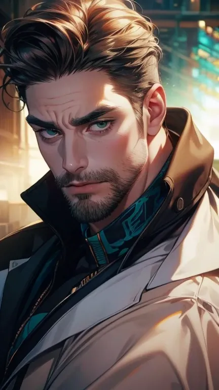 (  best quality,4K,8k,   highres,  masterpiece :1.2),  breasts  ,(Realistic,photoRealistic,photo-Realistic:1.37),36-year-old man,3 day beard,Beautiful anime,Portraits,strong,masculine,      with dark hair  ,sharp jaw,       mesmerizing green eyes   ,    pe...