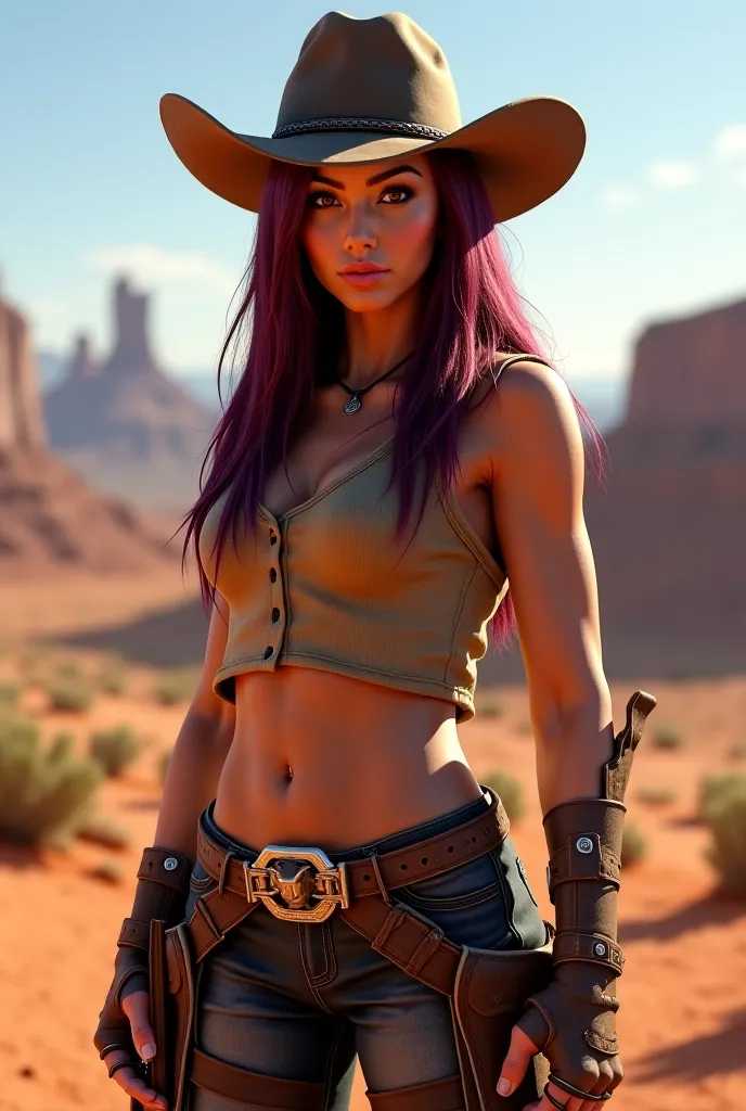 A cowgirl A woman, Straight hair, wine color, Skinny body for an RPG