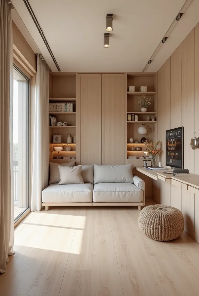 The living room is like a large study 19,8 m²
Beige walls, light laminate.
Compact zoning sofa bed.
Closed retractable wall shelves .
Minimalist curtains or blinds.
