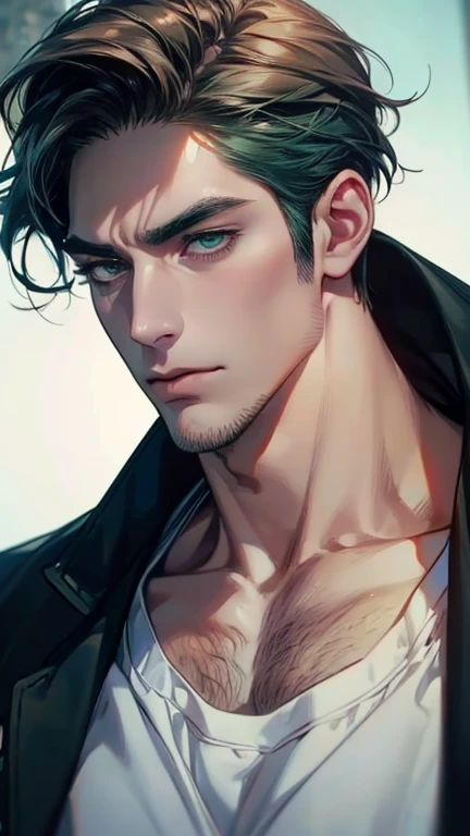 (  best quality,4K,8k,   highres,  masterpiece :1.2),  breasts  ,(Realistic,photoRealistic,photo-Realistic:1.37),36-year-old man,3 day beard,Beautiful anime,Portraits,strong,masculine,      with dark hair  ,sharp jaw,       mesmerizing green eyes   ,    pe...