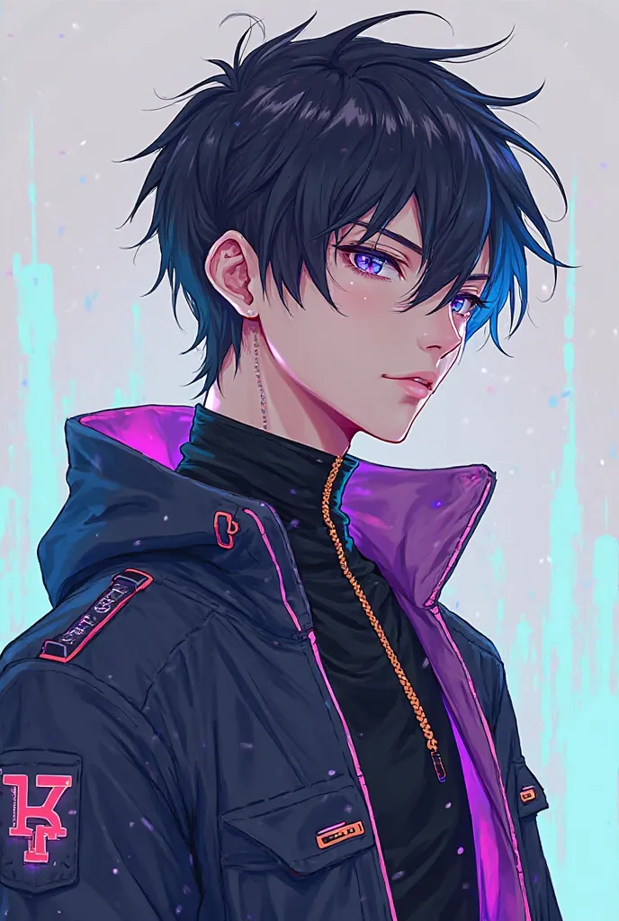 "Create a visually appealing anime boy avatar with a futuristic theme. The character should be depicted in a half-portrait style, showcasing his face and upper torso. Incorporate sleek, modern clothing with neon accents and bold lines. Ensure the avatar ex...