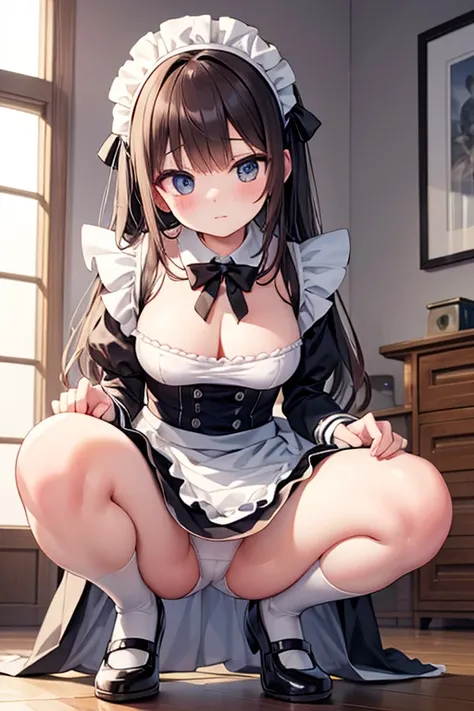  height 155 cm　maid clothes　Listening to orders　squatting　opening her legs to seduce　white panties visible
