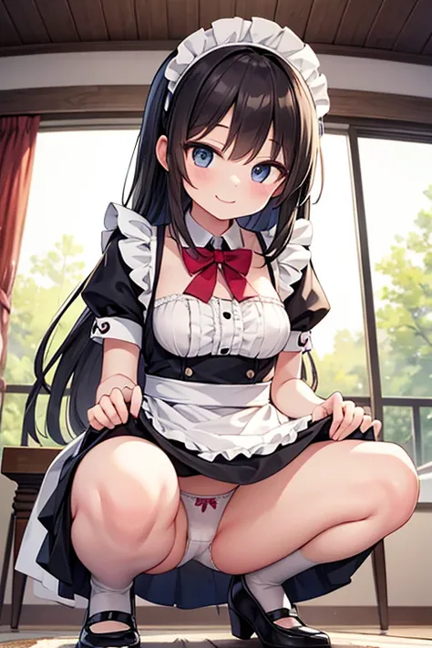  height 155 cm　maid clothes　Listening to orders　　smile　squatting　opening her legs to seduce　white panties visible
