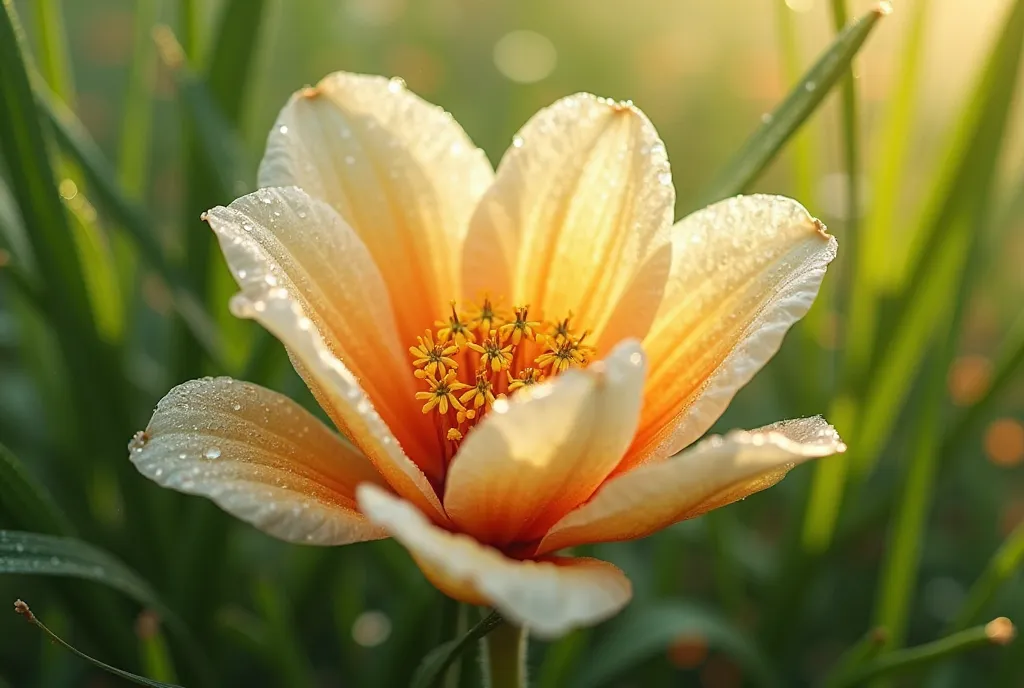 Selected focus closeup of an orange blossom opening on the grass. 