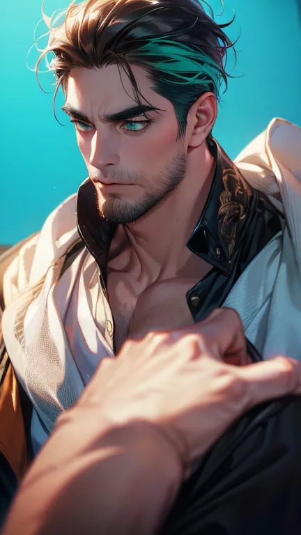 (  best quality,4K,8k,   highres,  masterpiece :1.2),  breasts  ,(Realistic,photoRealistic,photo-Realistic:1.37),36-year-old man,3 day beard,Beautiful anime,Portraits,strong,masculine,      with dark hair  ,sharp jaw,       mesmerizing green eyes   ,    pe...