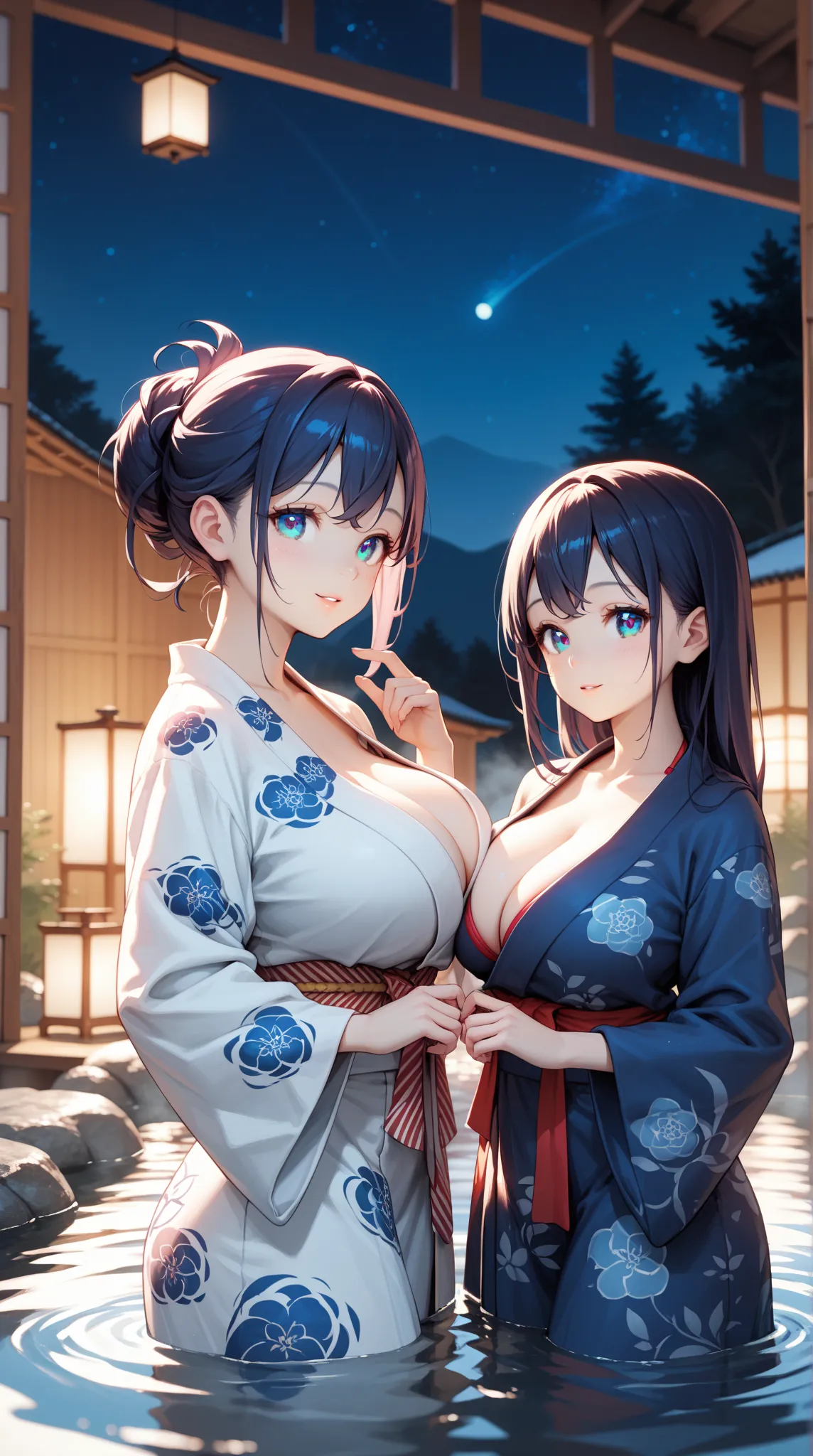  MASTERPIECE , best quality , Japanese , cute face , Age 25 , ( Symmetrical Clear Eyes:1.3) , shining eyes , watching viewers , yukata,hot spring,bikini,big breasts,  beautiful night sky,Dragons fly