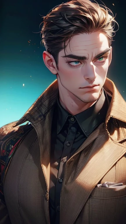 (  best quality,4K,8k,   highres,  masterpiece :1.2),  breasts  ,(Realistic,photoRealistic,photo-Realistic:1.37),36-year-old man,3 day beard,Beautiful anime,Portraits,strong,masculine,      with dark hair  ,sharp jaw,       mesmerizing green eyes   ,    pe...