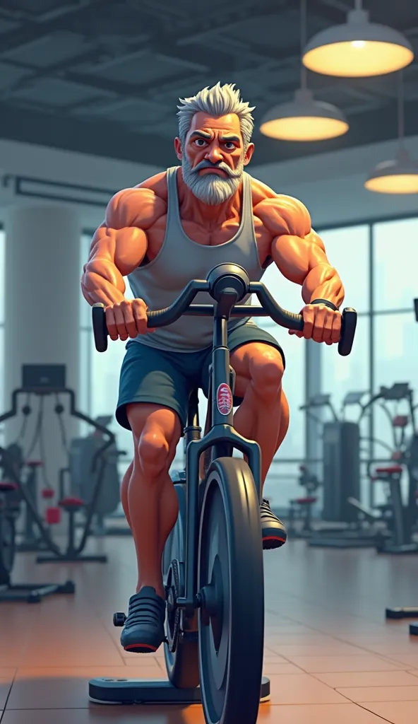 3D pixel animation . A 50-year-old Pakistani boy is exercising on a bicycle exercise machine in a gym.