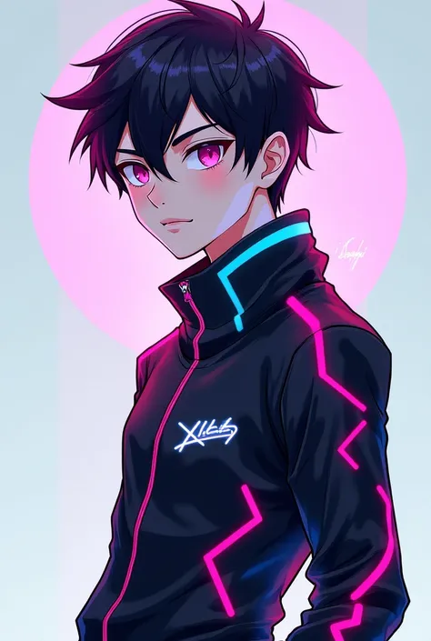 "Create a visually appealing anime boy avatar with a futuristic theme. The character should be depicted in a half-portrait style, showcasing his face and upper torso. Incorporate sleek, modern clothing with neon accents and bold lines. Ensure the avatar ex...