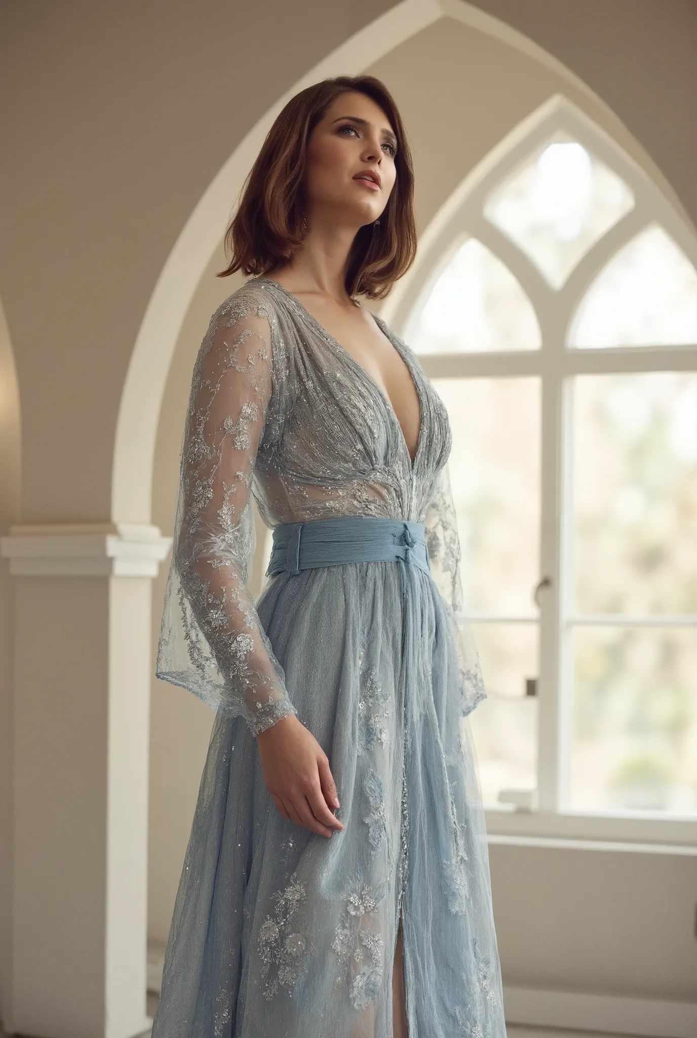 best quality, highres, 8k, masterpiece, photography, detailed midbody photorealistic portrait. Mandy Moore embodies a winter fairy tale in an ice blue chiffon babydoll with intricate silver embroidery, flowing sheer cape sleeves, and a high-slit skirt that...