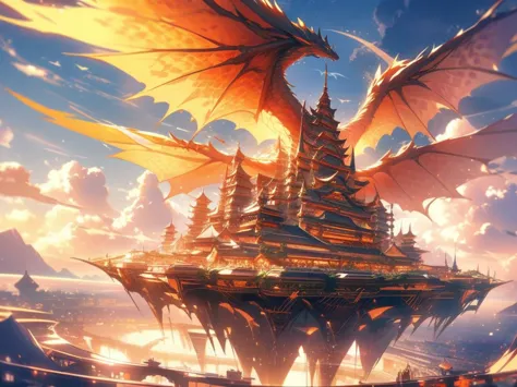 A girl straddles a flying dragon、flying towards the floating city。flying towards the floating city、has a beautiful streamlined body。the floating city that can be seen in the distance、flying towards the floating city、the rope hangs from her finger。The girl ...