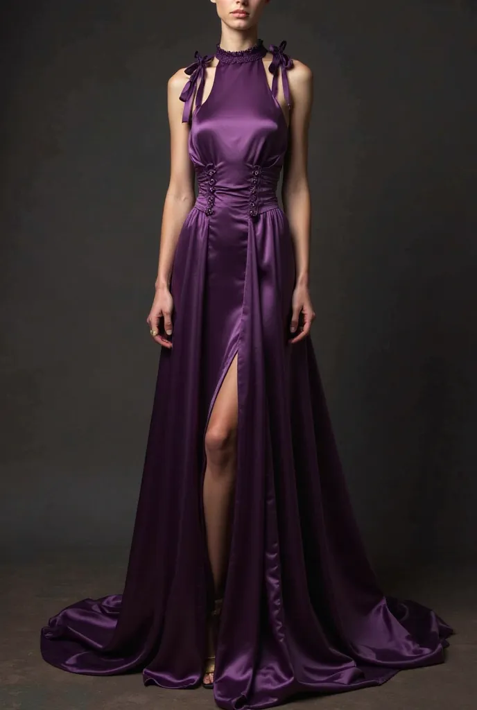 Dark purple satin dress in Russian satin, floor length,  cut fabric on the leg , the chest is completely covered by, side laces at the waist and thin shoulder straps, tied in thin bows, Front view 