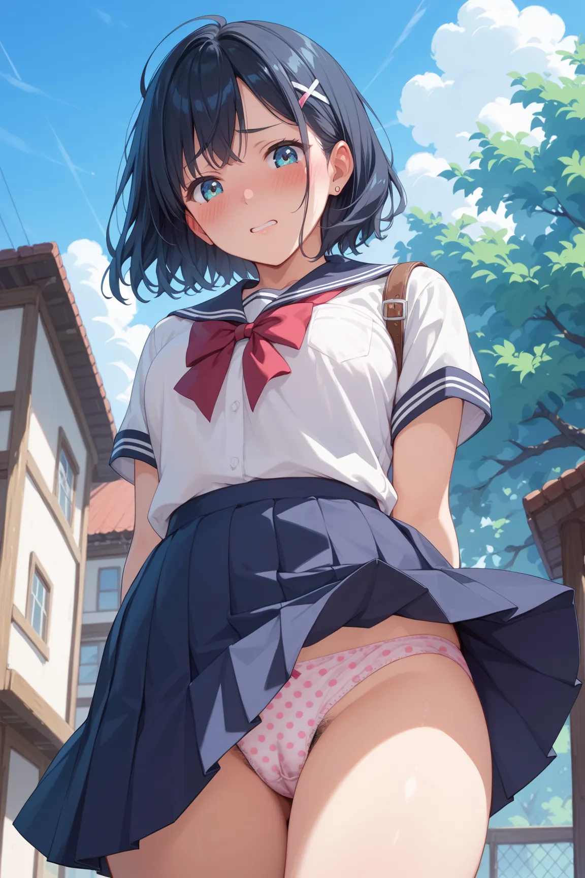 ( Ultra High Quality) polka dot panties(pubic hair、mansuji)、high school girl、uniform、wind、Skirt Flip、blush、embarrassed expression、low angle、Around town、