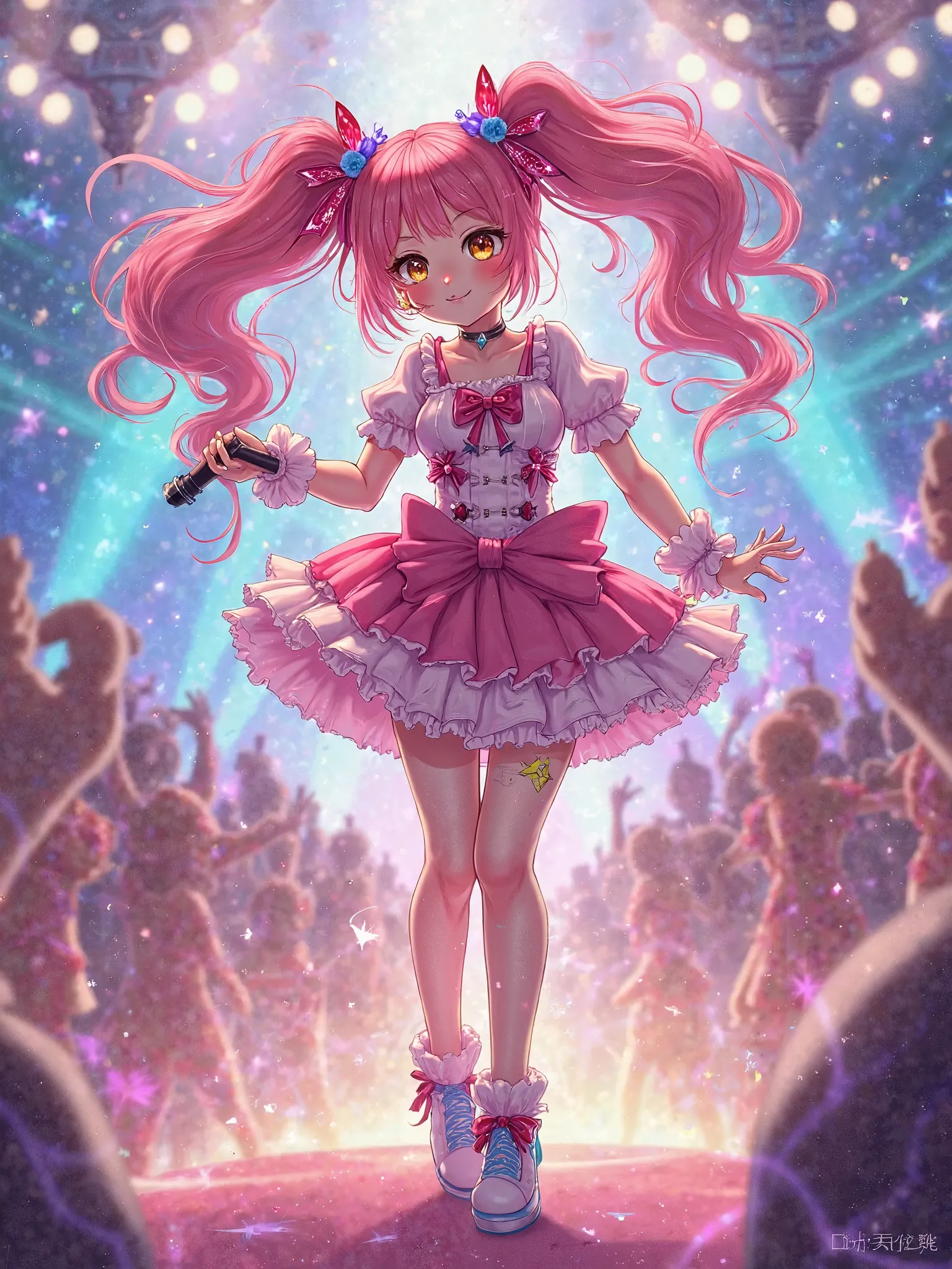 4. active idol "A dazzling anime idol with twin pink ponytails and bright golden eyes. She wears a colorful stage outfit with frilly skirts and ribbons, holding a microphone and winking playfully at the audience."