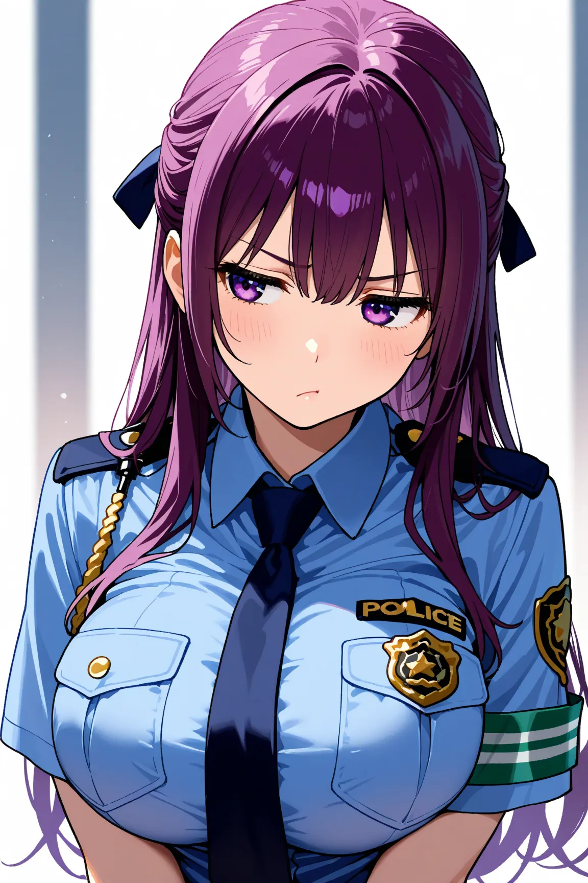 1woman,purple hair,long hair, half updo,hair ribbon,best quality,high resolution,purple eyes,large breasts,policewoman,sulking